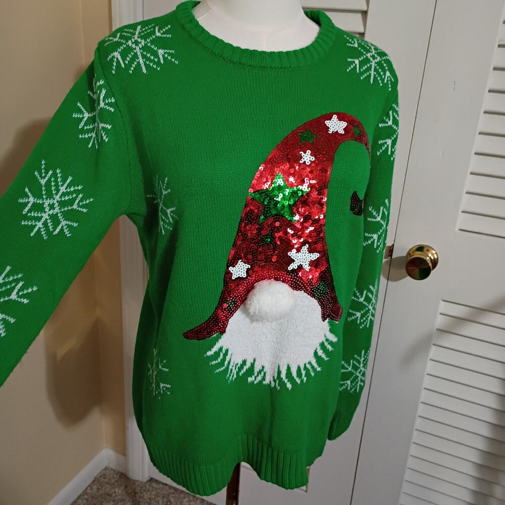 Ugly Christmas Sweater Gnome Medium Sequined Green Snowflakes PomPom Nose